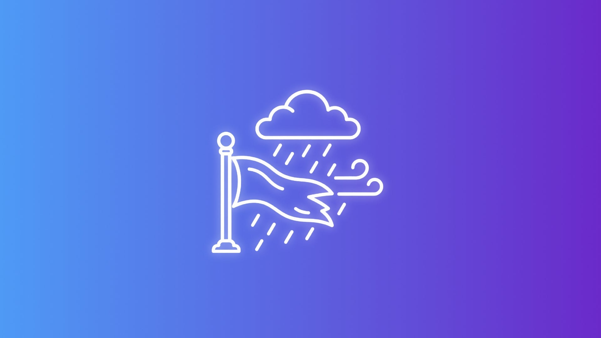 White outdoor flag blowing in wind and rain beneath a storm cloud on a blue-to-purple gradient background.