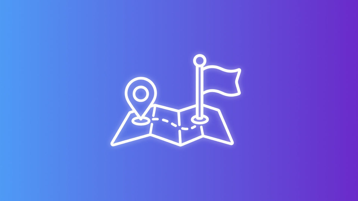 White outline icon of a folded map with a location marker, route, and traditional flag marking the destination.