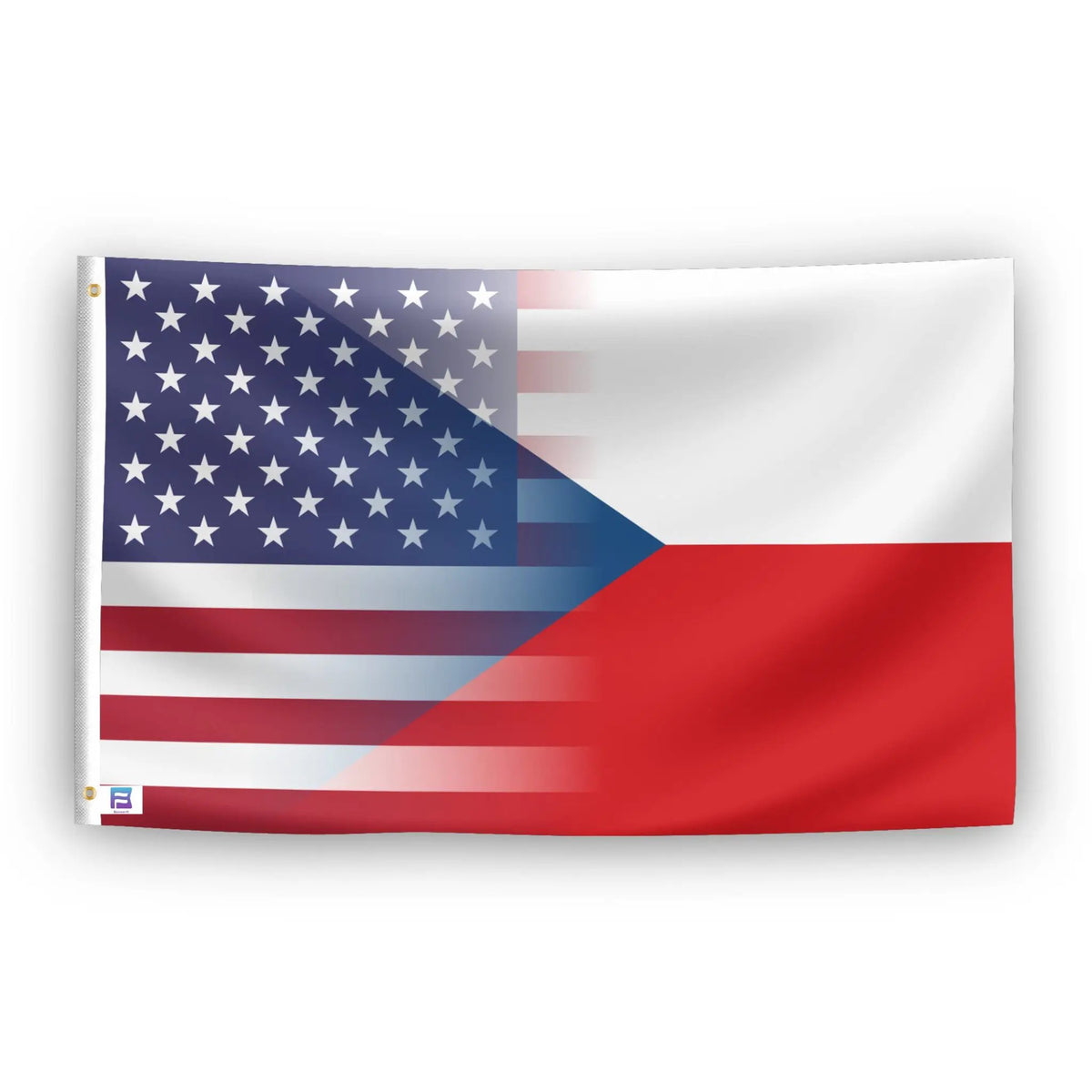 Czech Republic American Hybrid Flag, house flag by Bannerfi with left brass grommet; US stars blend with Czech colors.