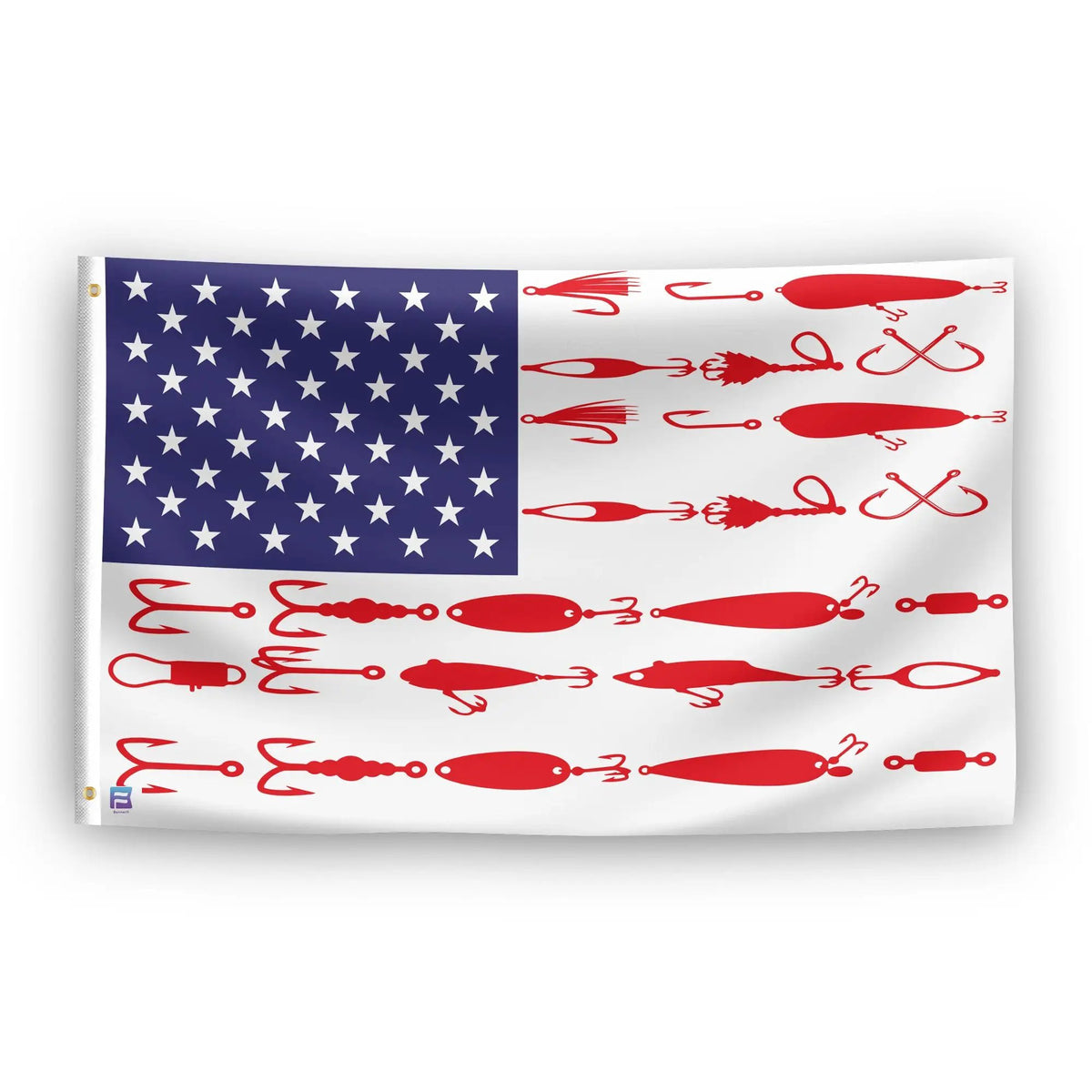 Fishing Tackle Stripes American Flag house flag; blue star field, red fishing-lure icons on white; Bannerfi logo.