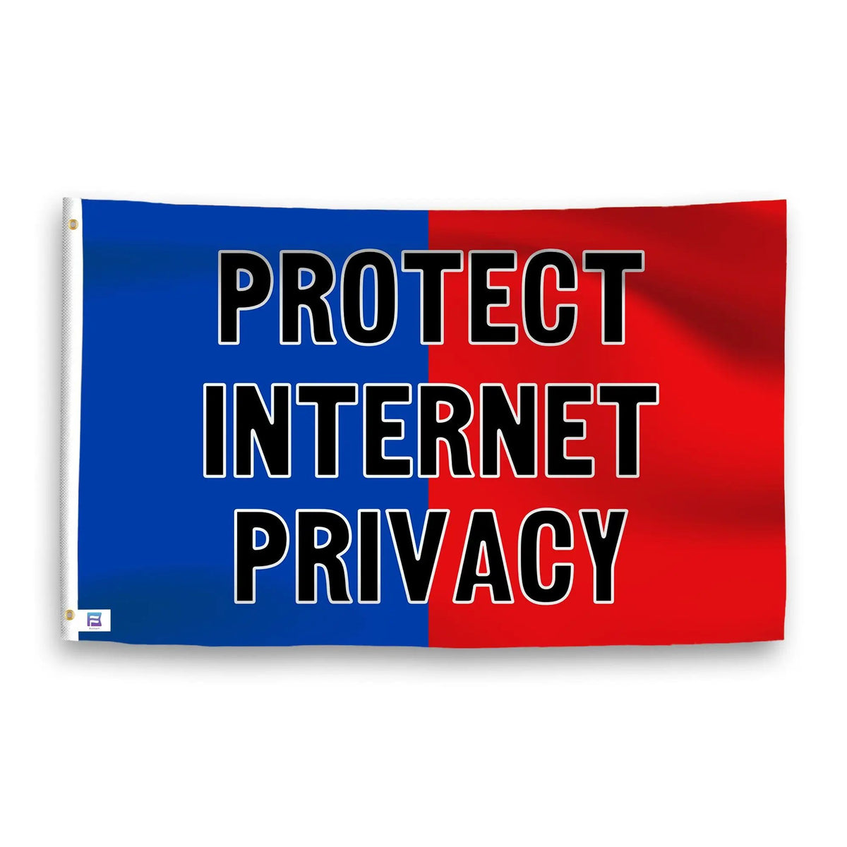 Protect Internet Privacy Flag, blue and red split house flag with bold black text; left edge grommet, Bannerfi.