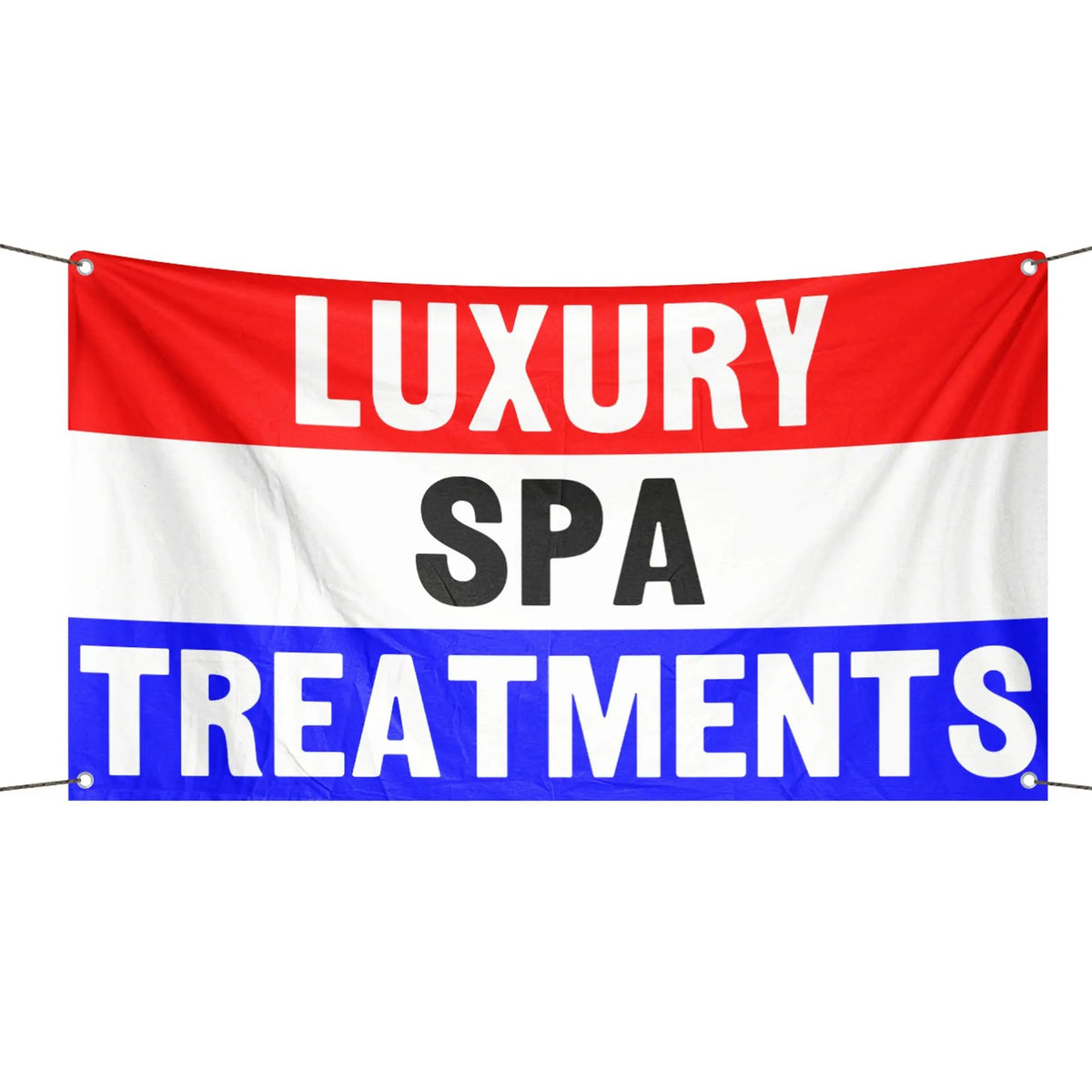 House flag banner with LUXURY on red, SPA on white, and TREATMENTS on blue; grommet corners.