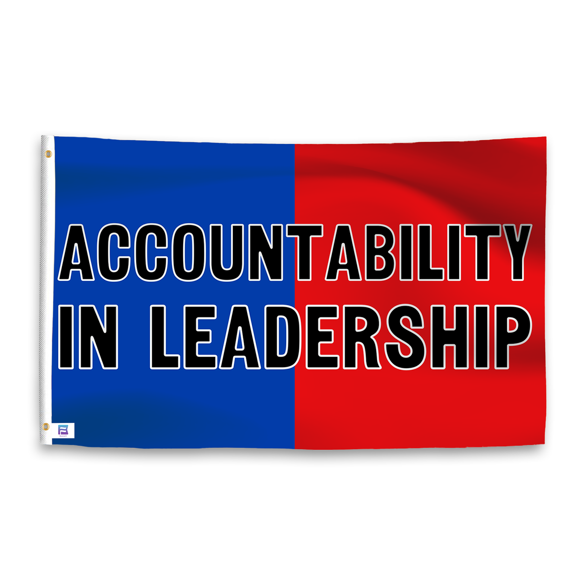 House flag Accountability in Leadership, blue left and red right panels with white letters outlined in black; Bannerfi.