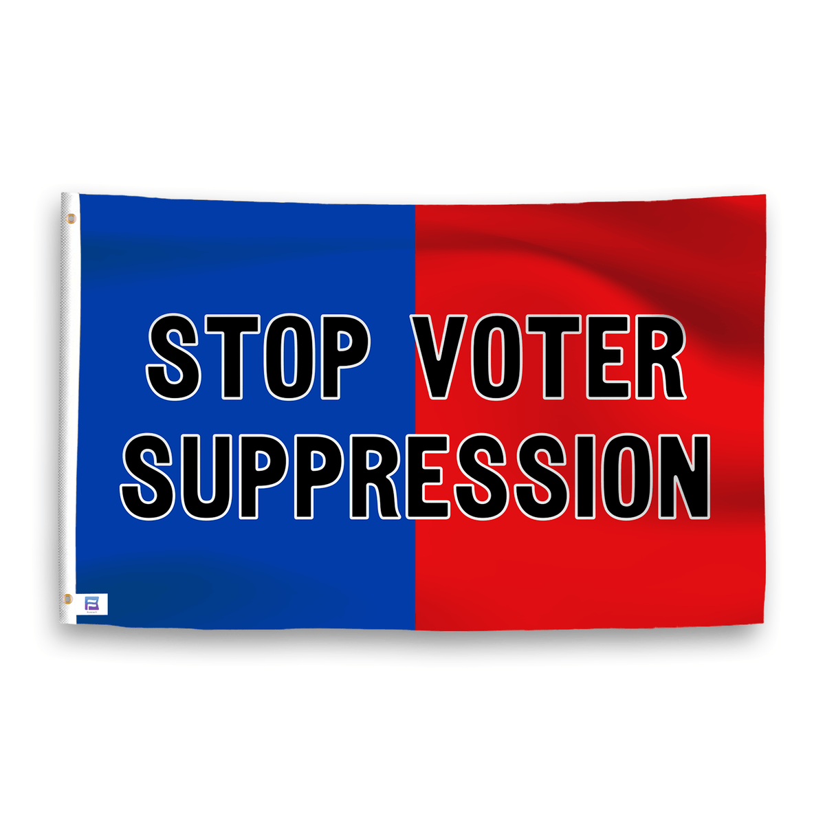 Stop Voter Suppression House Flag by Bannerfi, blue left and red right halves with white text STOP VOTER SUPPRESSION