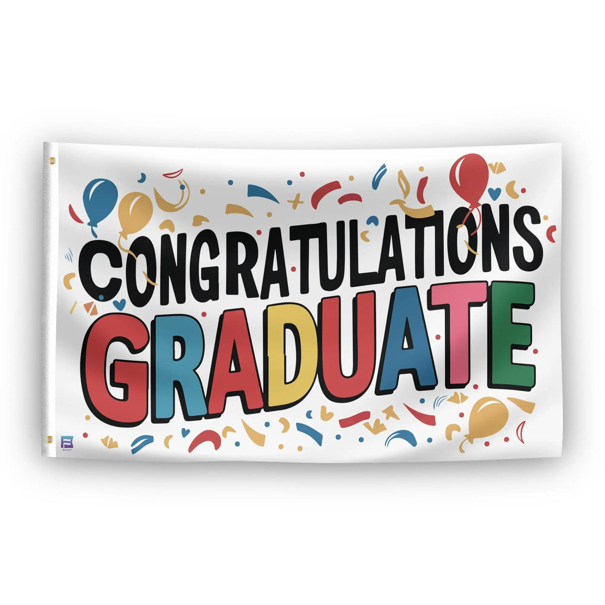 Congratulations Graduate Flag; white house flag with bold black text and colorful gradient GRADUATE plus confetti.