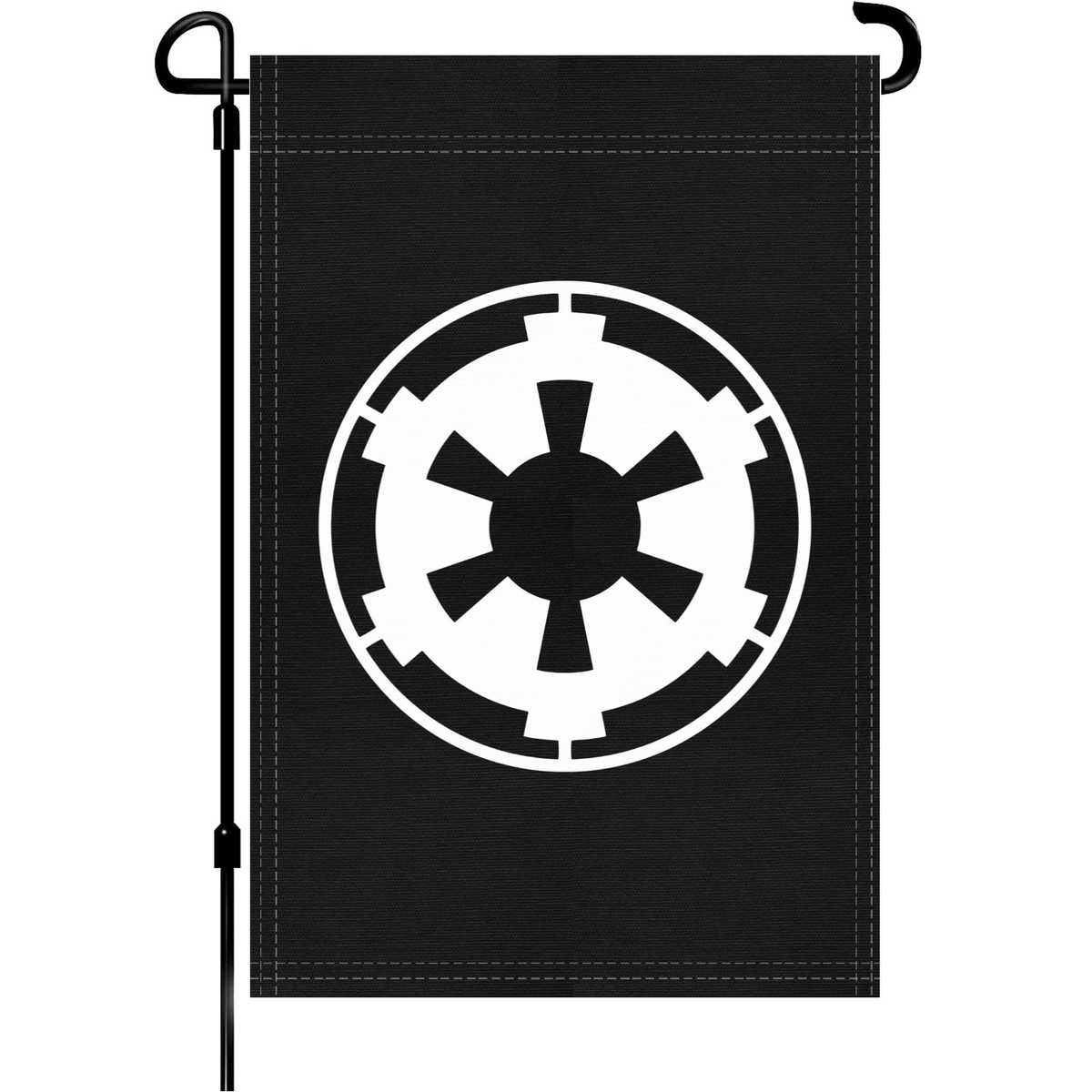Star Wars Galactic Empire garden flag, black with white imperial emblem on a garden flag stand.