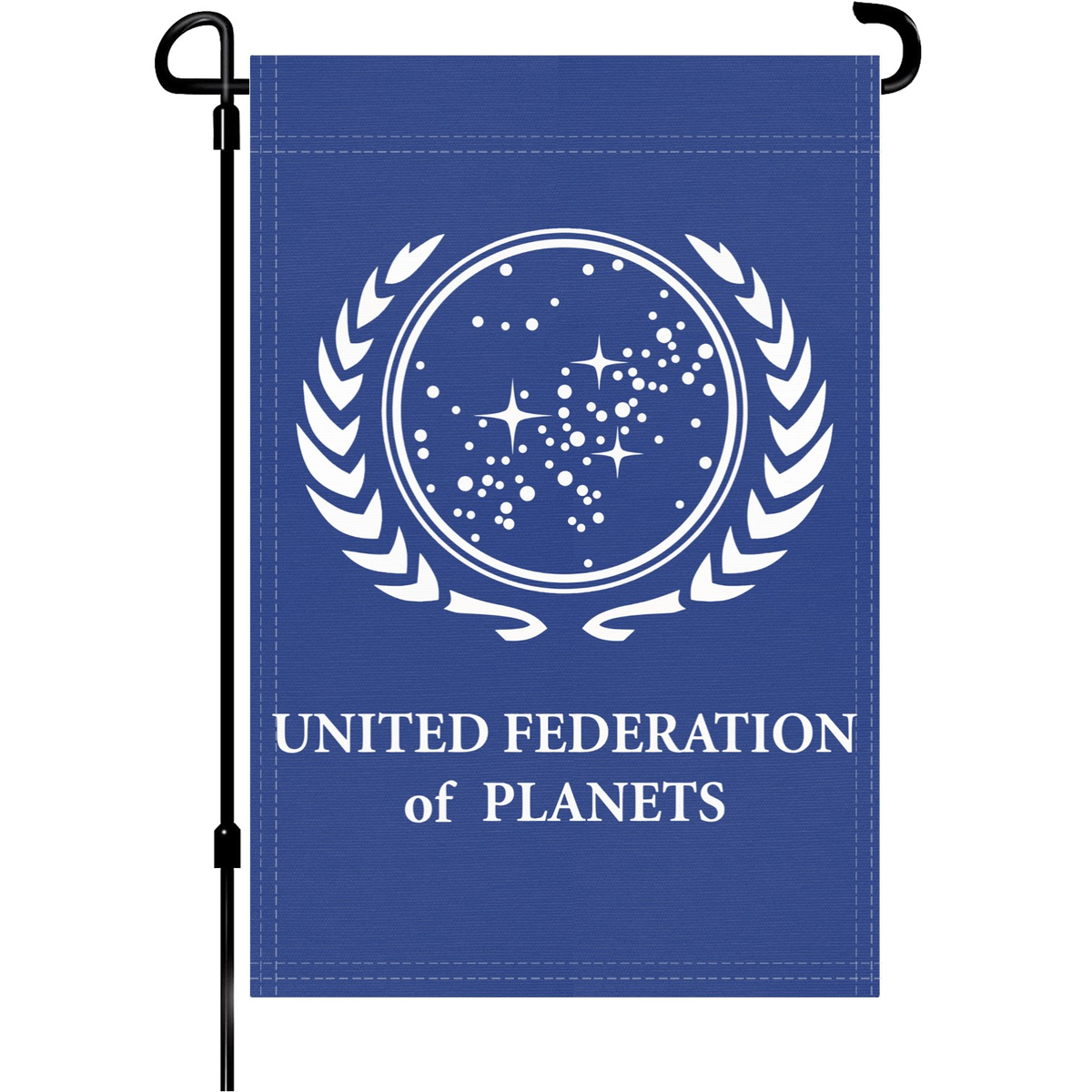 Garden flag United Federation Of Planets on blue background with white emblem and text