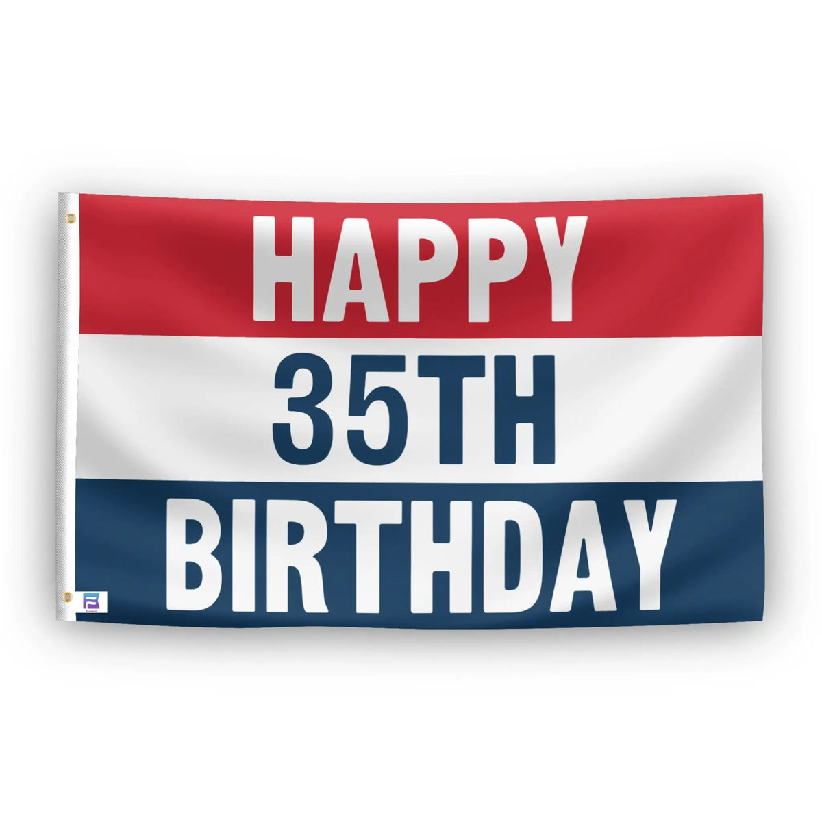 Happy 35th Birthday house flag by Bannerfi, red-white-blue design with brass grommet.
