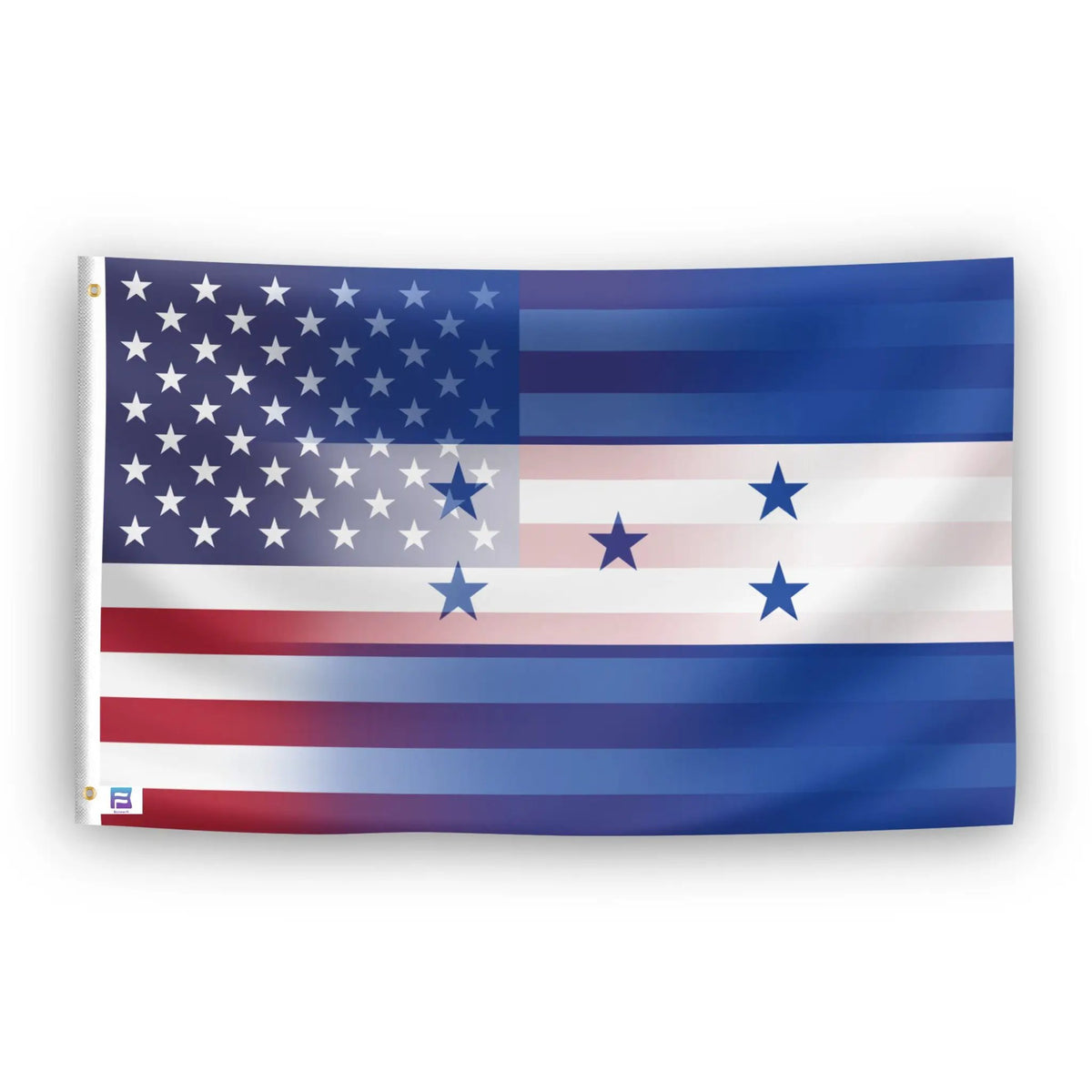 Honduran American Hybrid Flag, house flag by Bannerfi; blue star field left with red/blue stripes on right.
