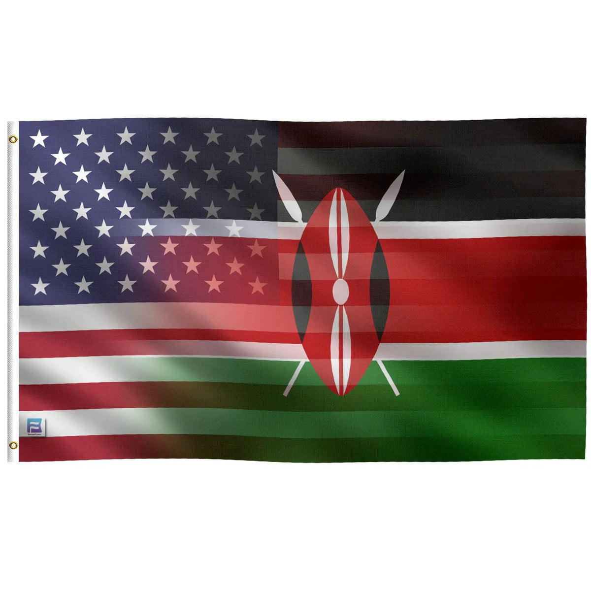 Kenyan American Hybrid Flag by Bannerfi; left US flag, right Kenyan flag with shield and spears.
