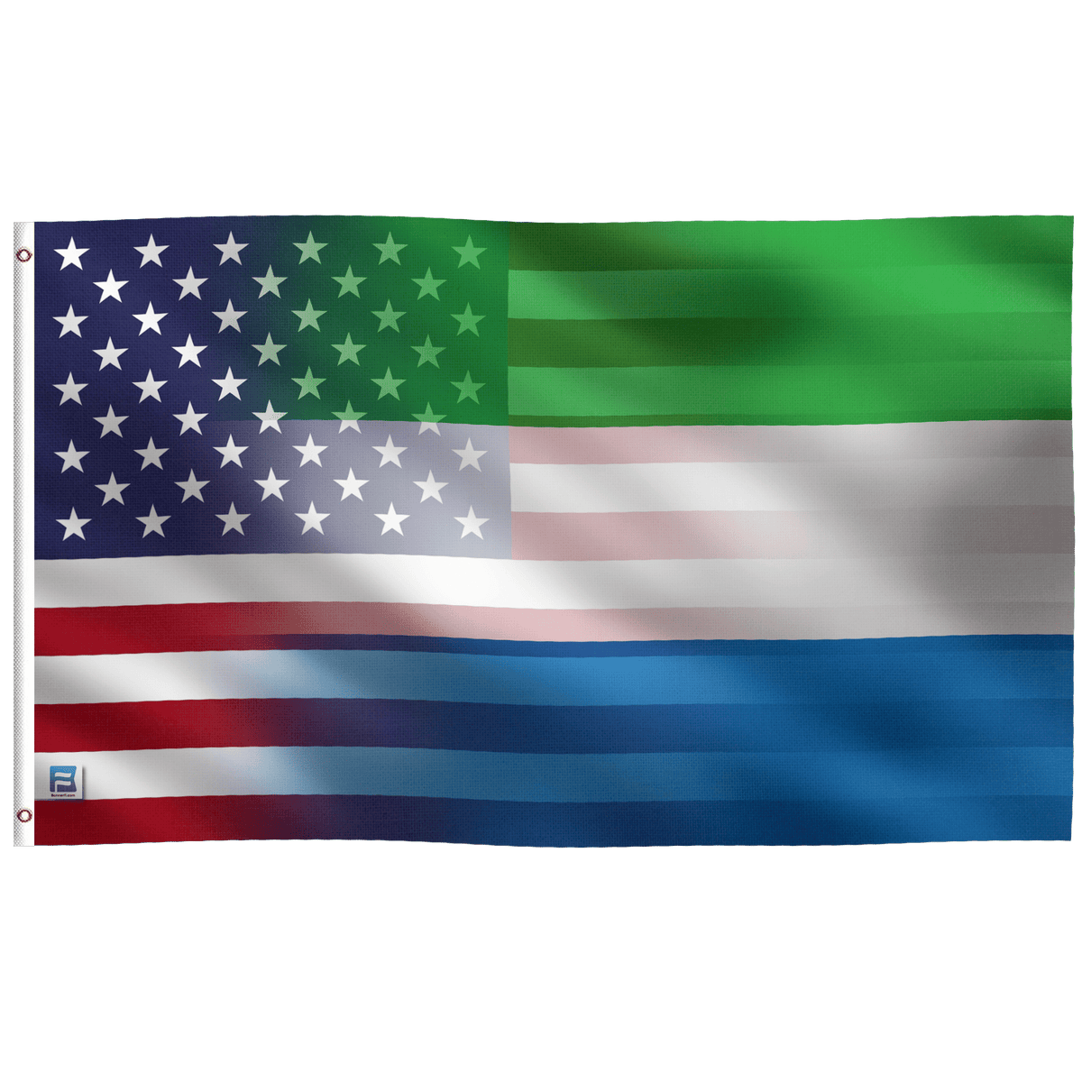 Sierra Leonean American Hybrid Flag; a house flag with a left blue canton full of white stars and a right green field.