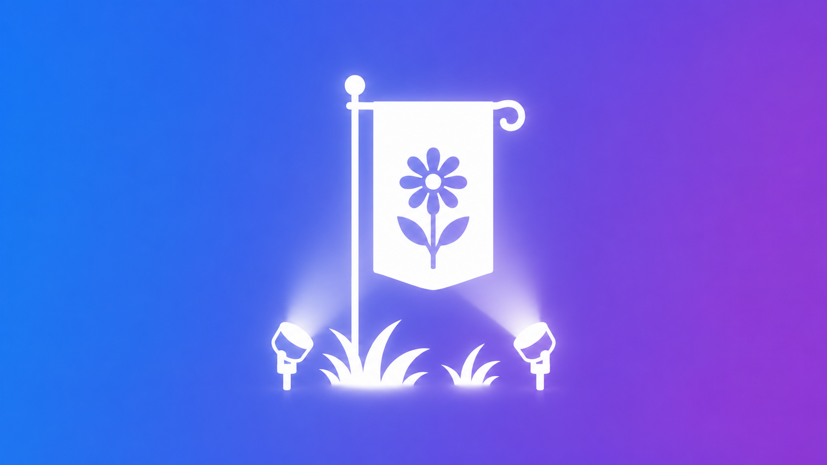 White garden flag illuminated by landscape spotlights on a blue-to-purple gradient background.
