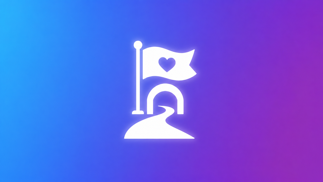 White charity event flag and route marker icon on a blue-to-purple gradient background