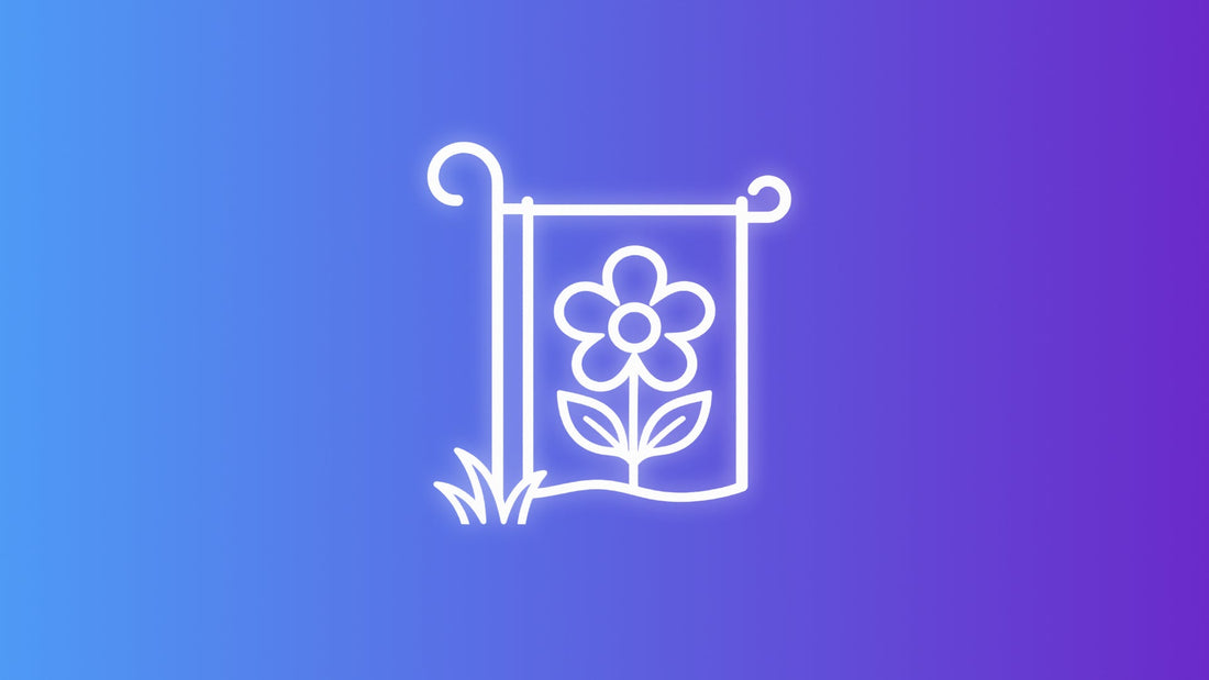 White outline icon of a garden flag with a flower design on a decorative garden flag stand.