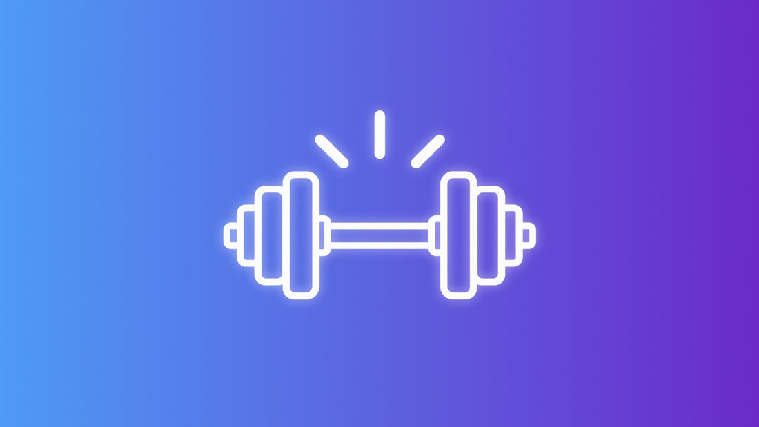 White outline barbell icon with weight plates and three accent lines above.
