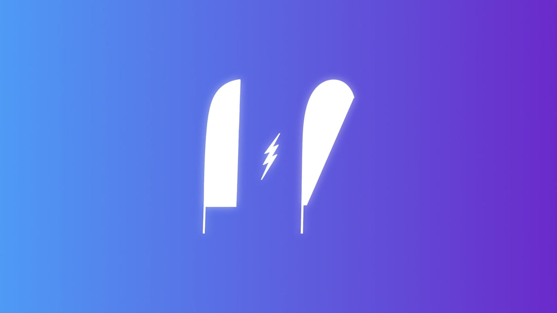 Side-by-side comparison of a feather flag and a teardrop flag showing the differences in shape, curve, and display style for outdoor business and event use