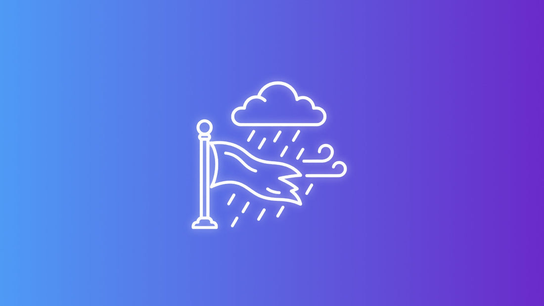 White outdoor flag blowing in wind and rain beneath a storm cloud on a blue-to-purple gradient background.