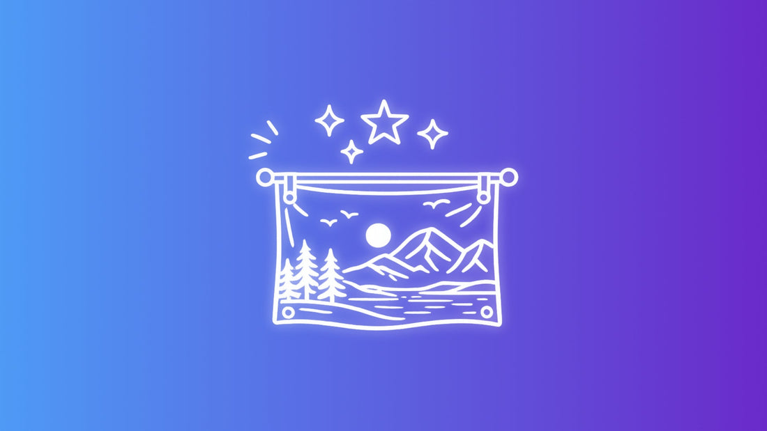 White outline icon of a decorative fabric flag featuring a mountain landscape, trees, and stars.