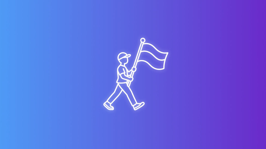 White outline icon of a person marching while carrying a large waving flag on a handheld flagpole.