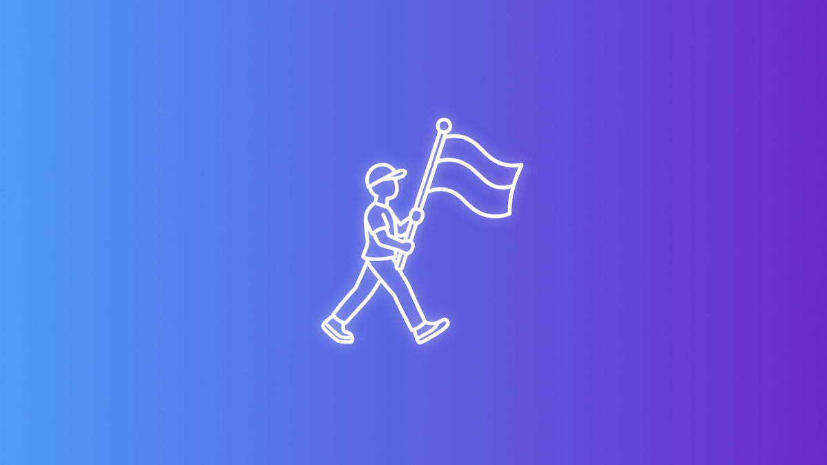 White outline icon of a person marching while carrying a large waving flag on a handheld flagpole.