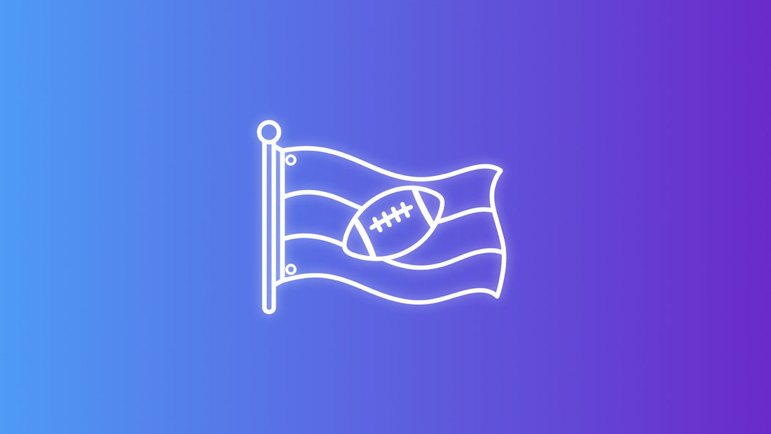 White outline icon of a waving football flag with a football symbol on a blue purple gradient background.