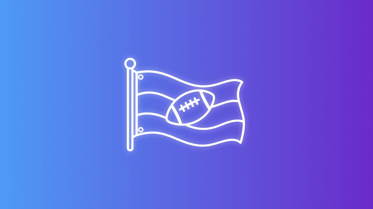 White outline icon of a waving football flag with a football symbol on a blue purple gradient background.