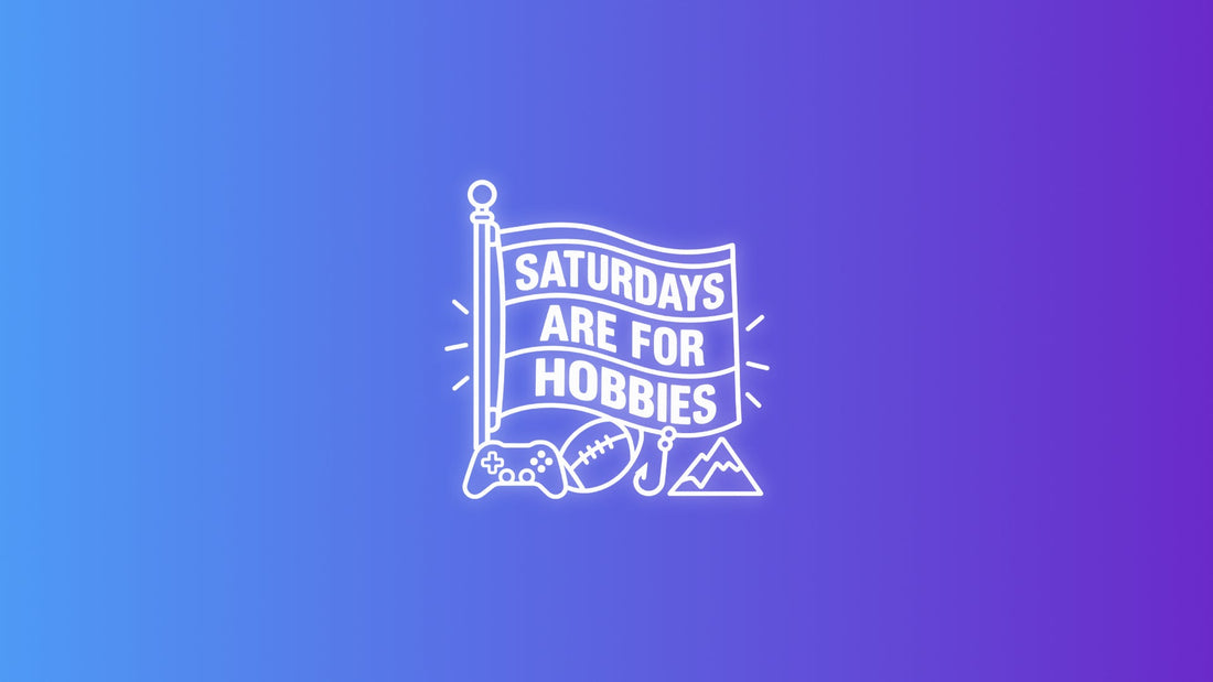 White outline icon of a Saturdays Are For hobbies flag with gaming, football, fishing, and outdoor activity symbols.