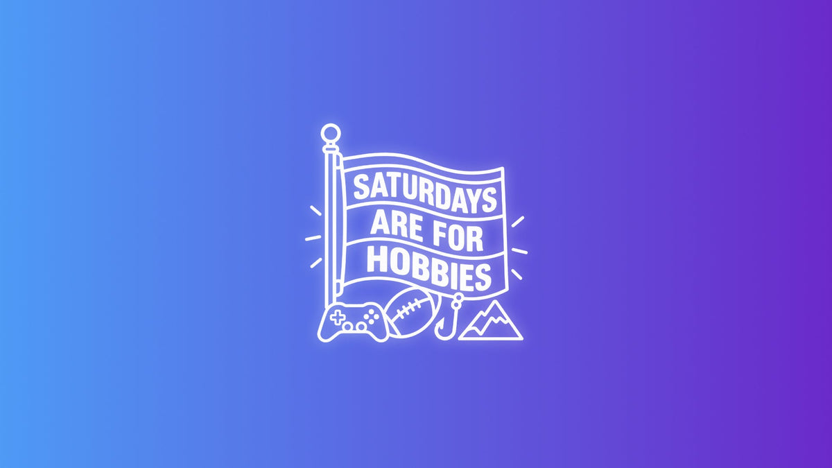 White outline icon of a Saturdays Are For hobbies flag with gaming, football, fishing, and outdoor activity symbols.