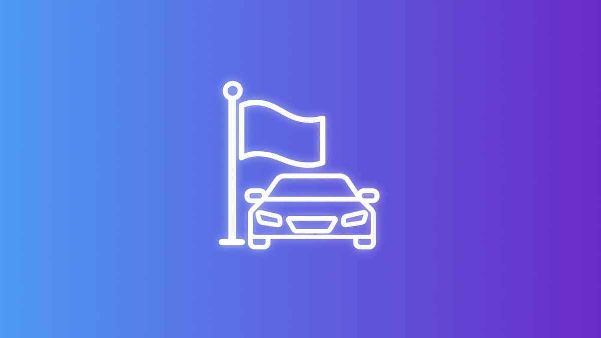 Front-facing car beside a traditional flag, representing custom dealership flags and automotive promotions.