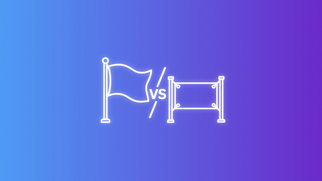 White outline icon comparing a waving flag on a pole with a rectangular banner mounted between two posts.