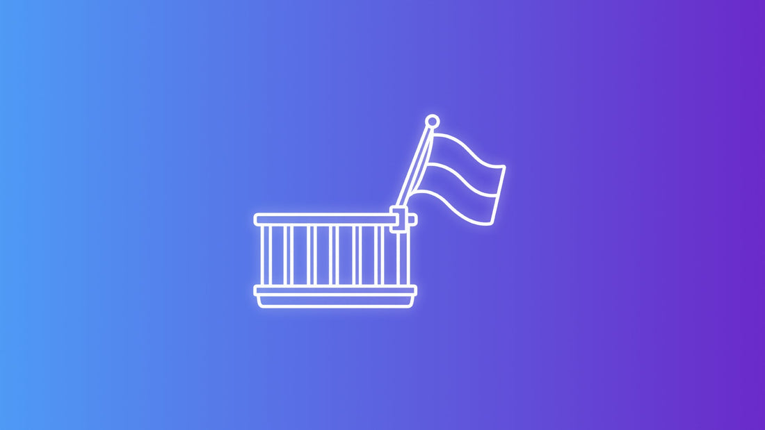 White outline icon of a balcony railing with a railing-mounted flagpole and waving flag.