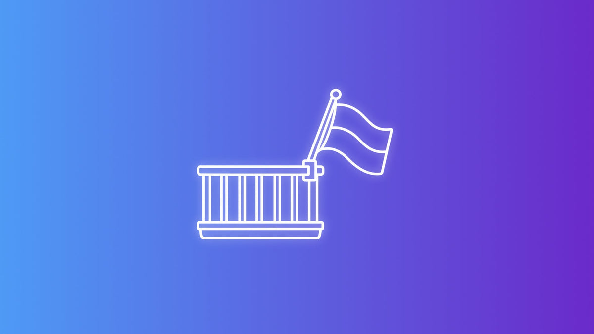 White outline icon of a balcony railing with a railing-mounted flagpole and waving flag.