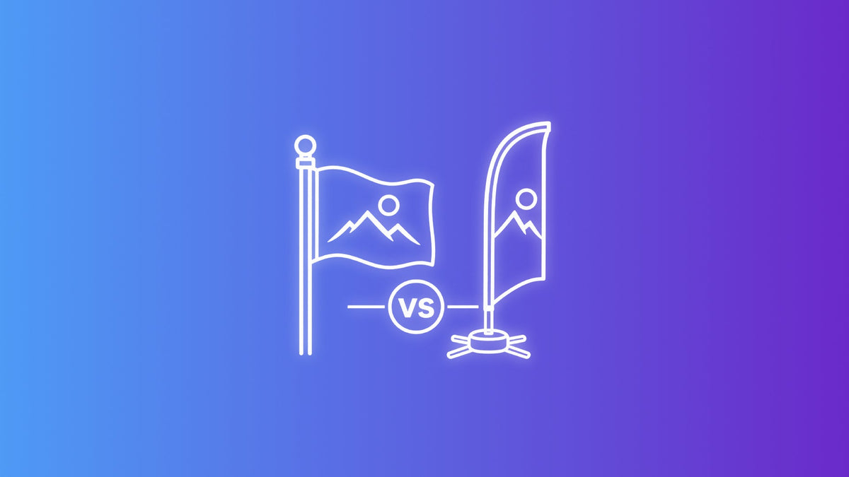 White outline icon comparing a traditional rectangular flag on a flagpole with a vertical feather flag on a portable base.