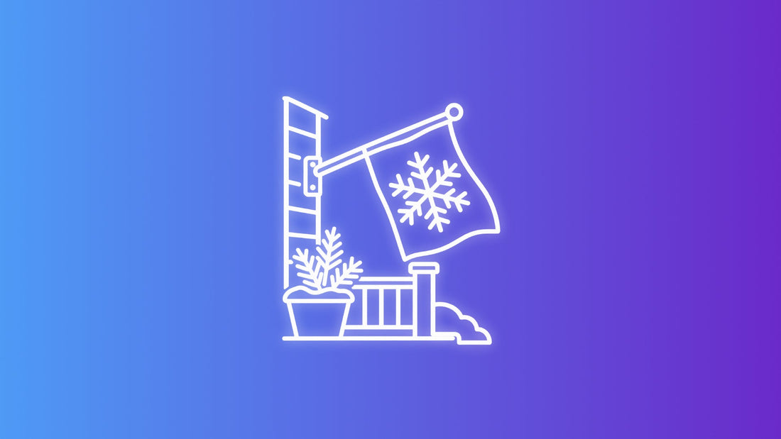 White outline vector icon of a snowflake flag mounted on a simple winter porch with a small evergreen planter.