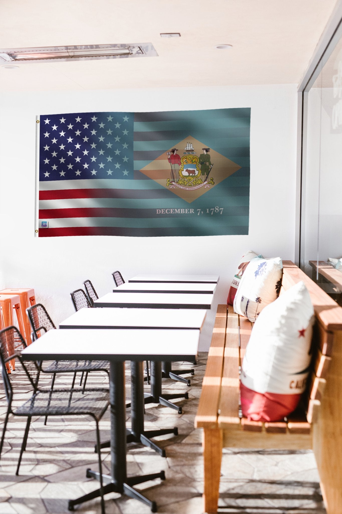 a room with a flag hanging on the wall