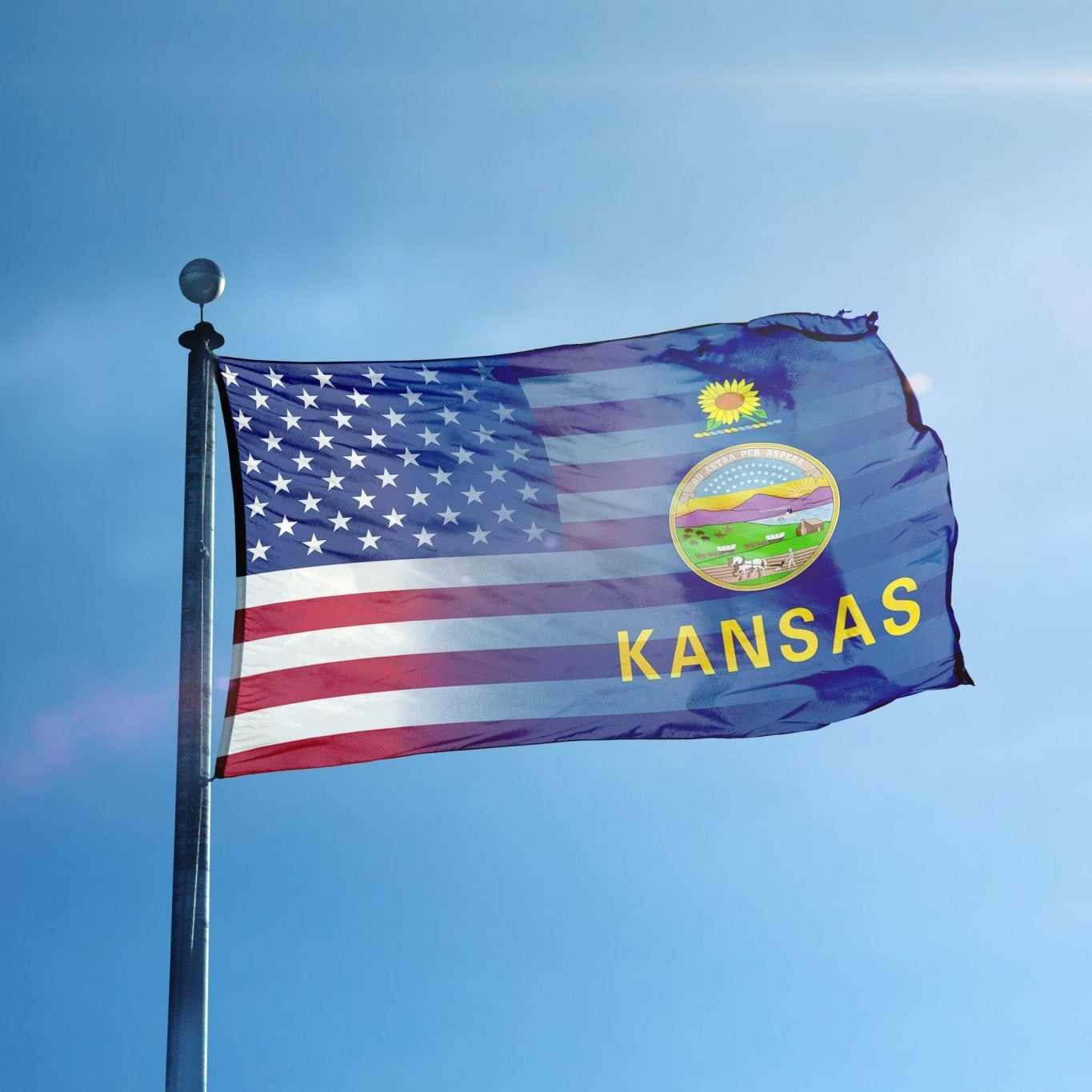 Kansas & American Flag Blend on a flagpole - Flags by Bannerfi