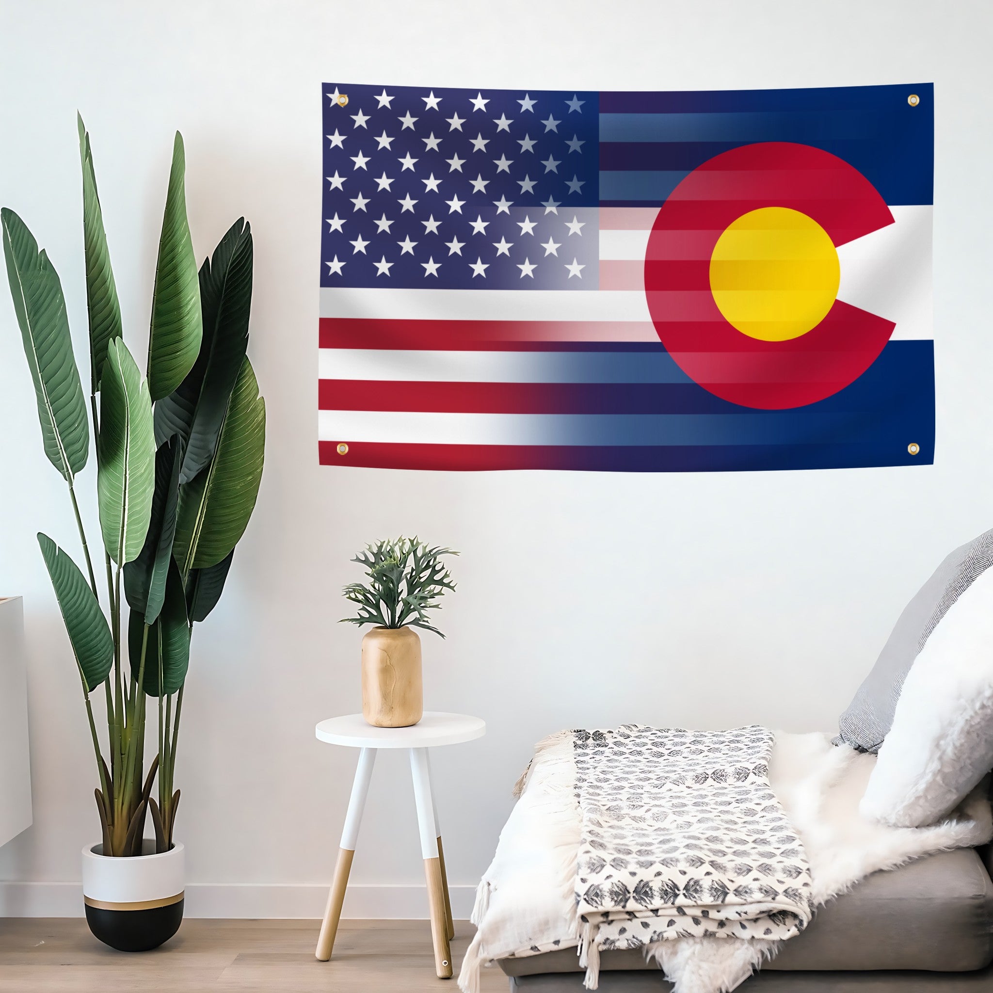 American and Colorado flag blended together hanging on a wall with 4 grommets.