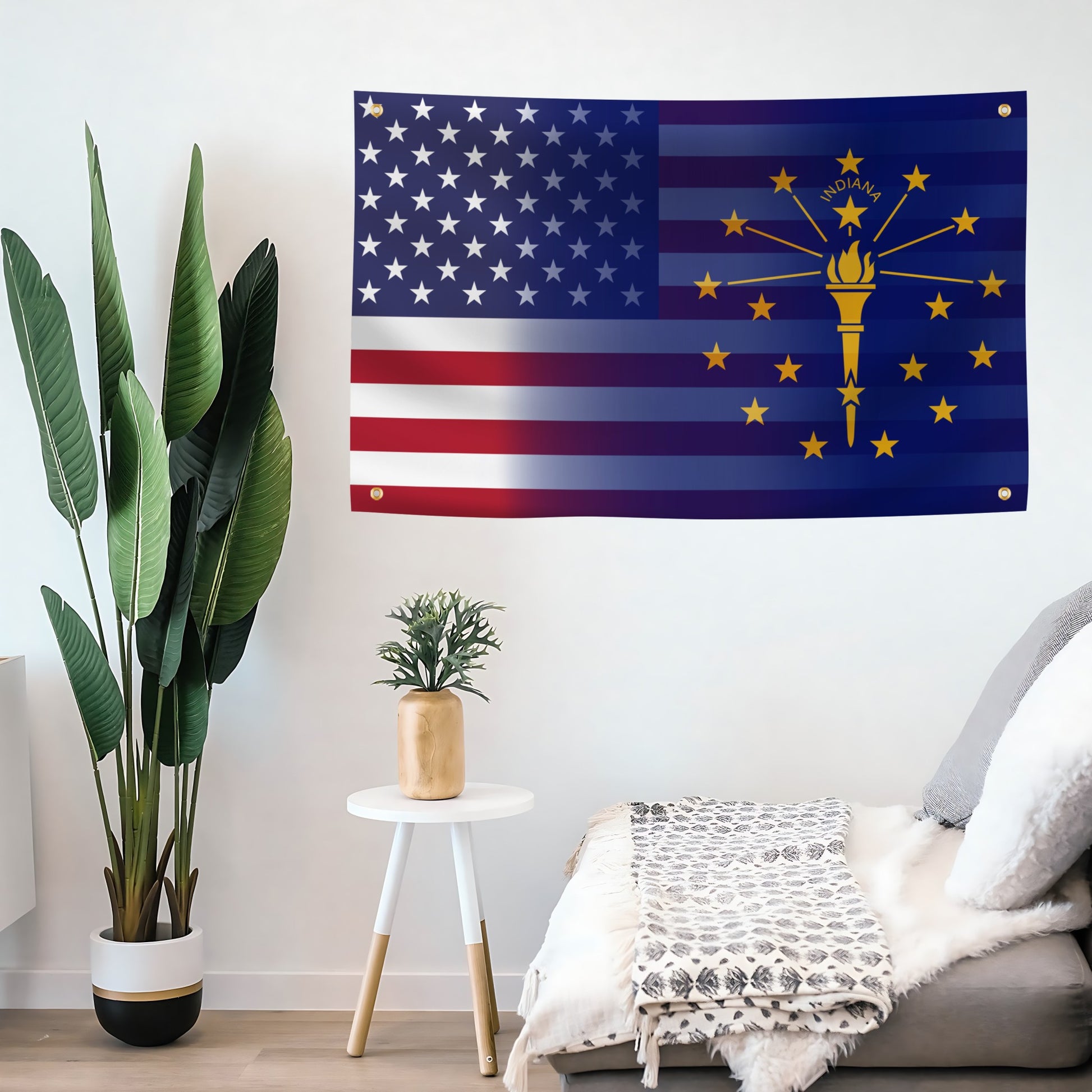 Room interior with a large flag banner of the United States and Indiana blended together.