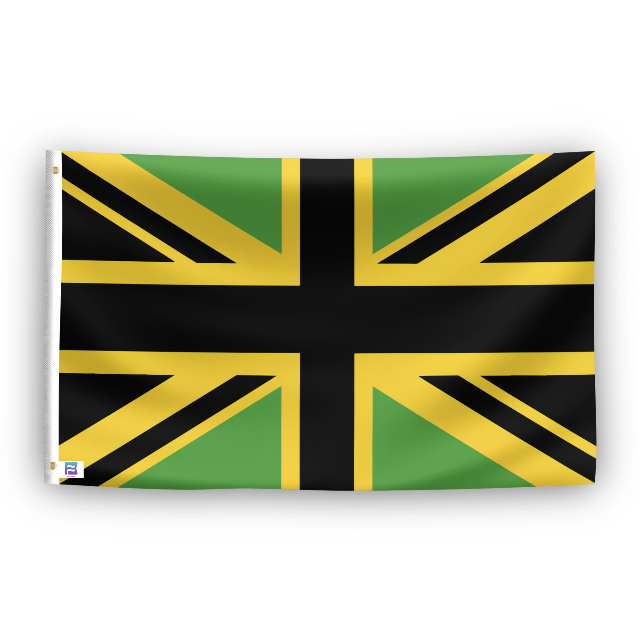 Flag with a design resembling the British Union Jack and Jamaican flag colors on a white background.