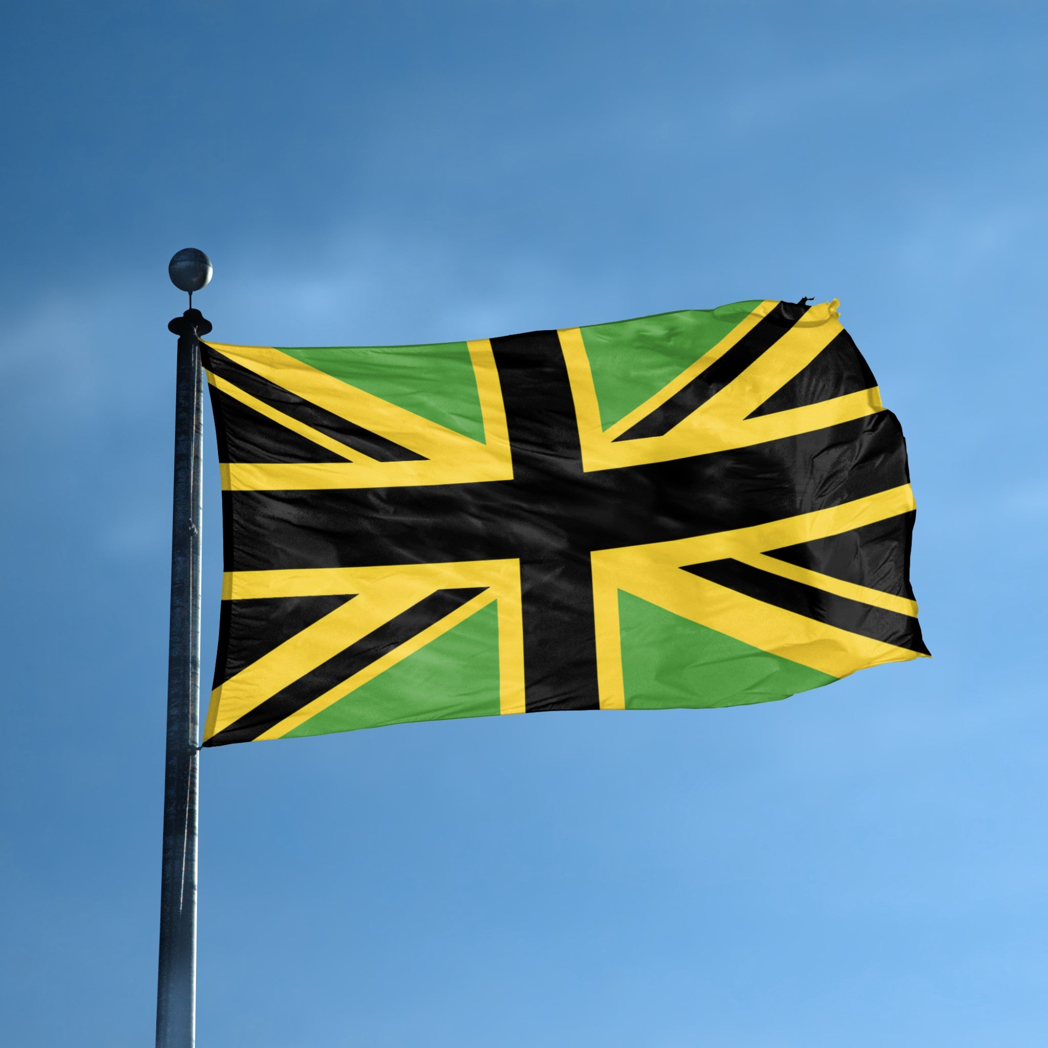 Flag British Union Jack flag with green, black, and yellow Jamaican colors on a blue sky background.