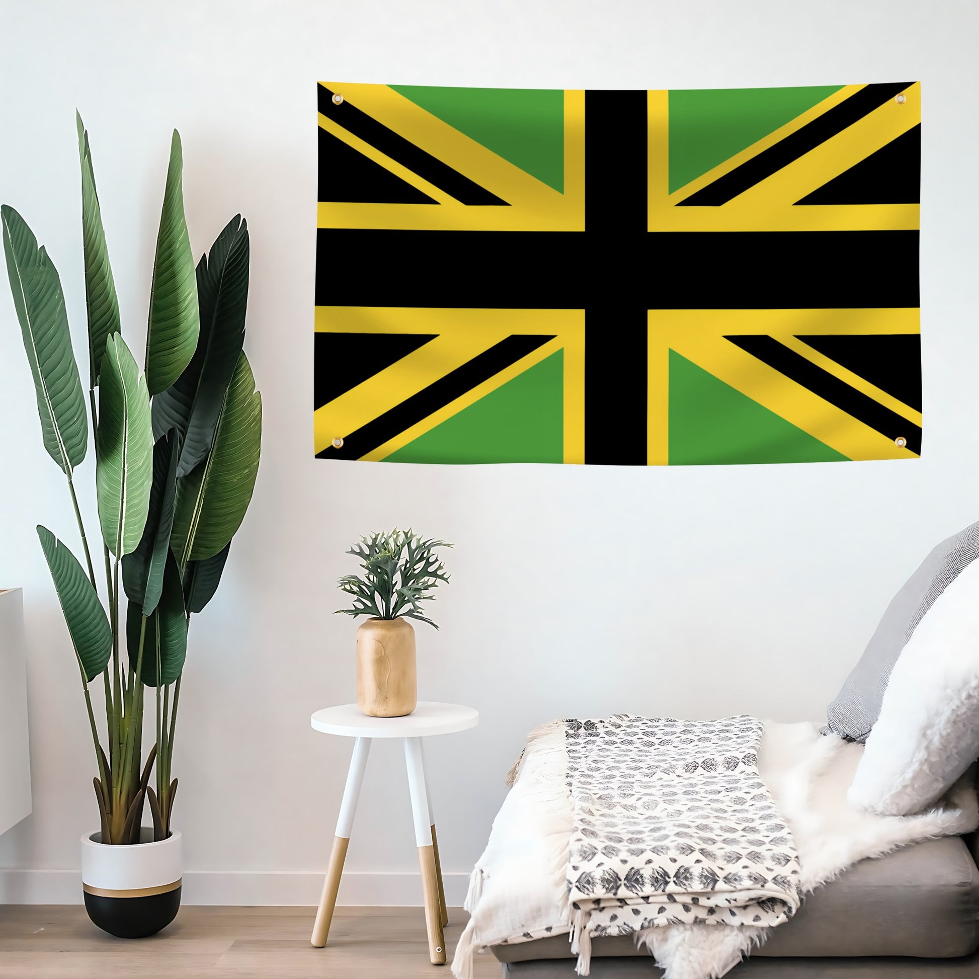 Living room with a Jamaican and British flag hybrid mounted on the wall.