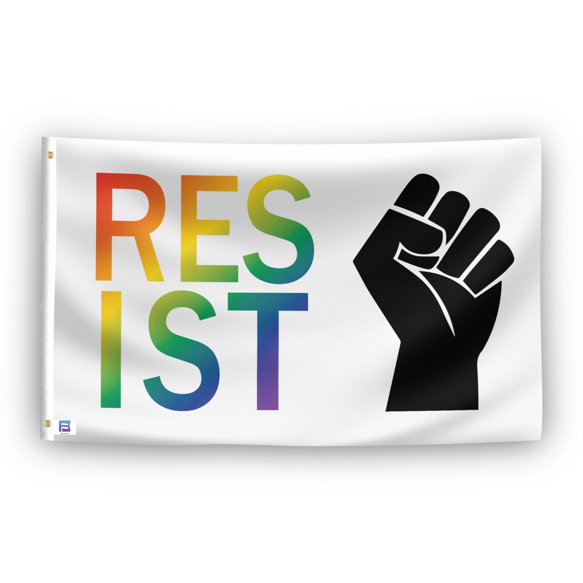 Flag with rainbow-colored 'RESIST' text and a black fist on a white background