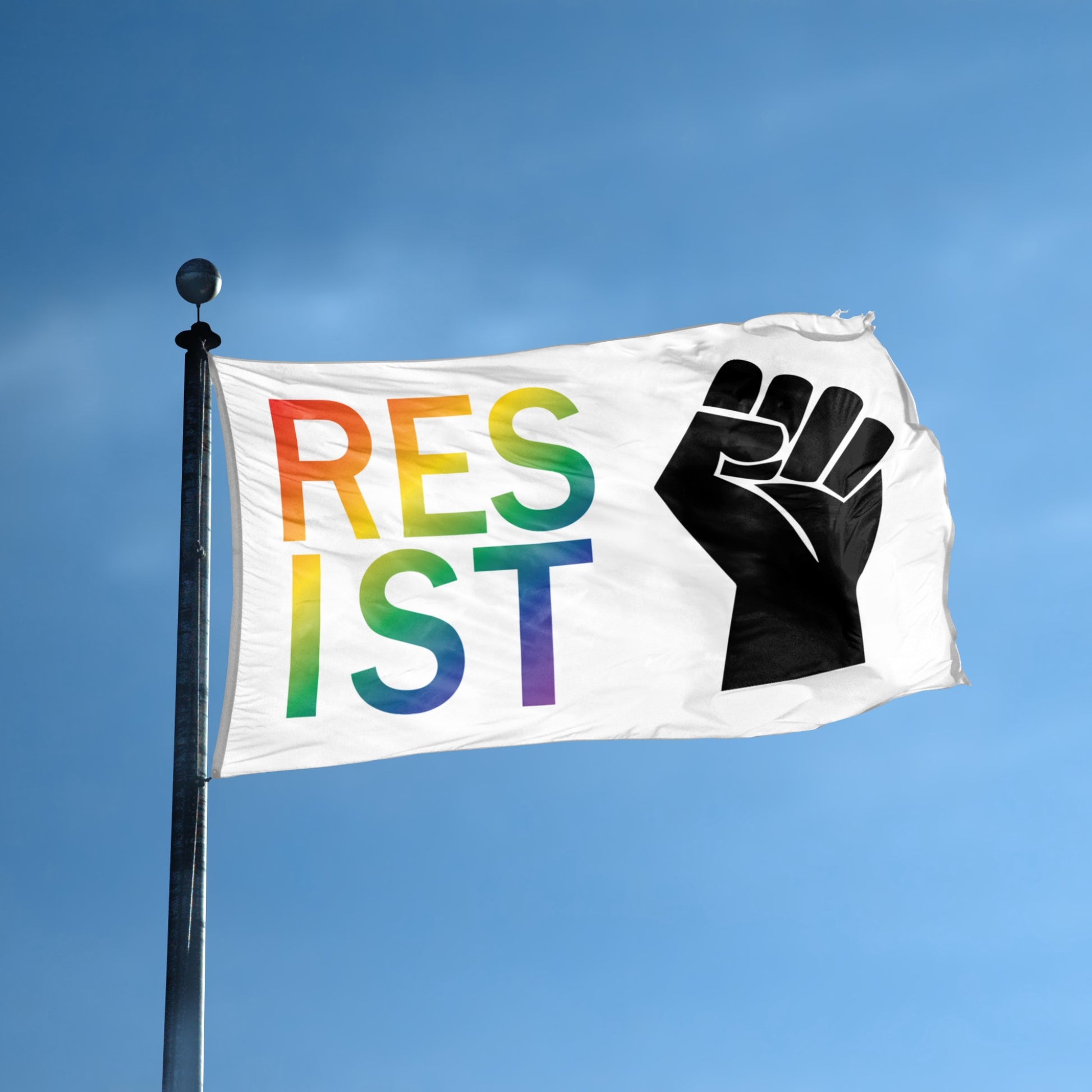 Flag with 'RESIST' in rainbow colors and a black fist against a blue sky