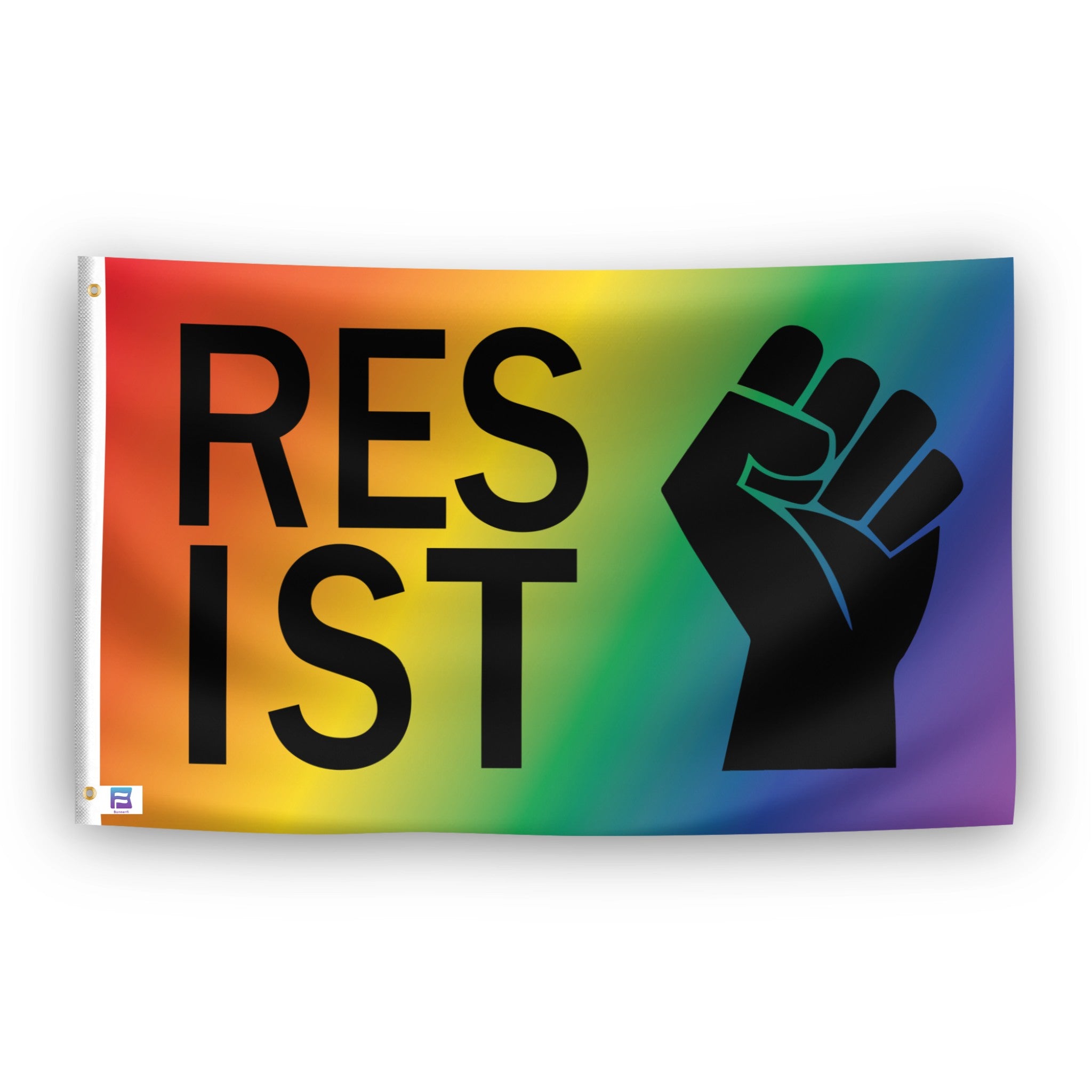 Rainbow flag with 'RESIST' and a black fist with 2 grommets. 