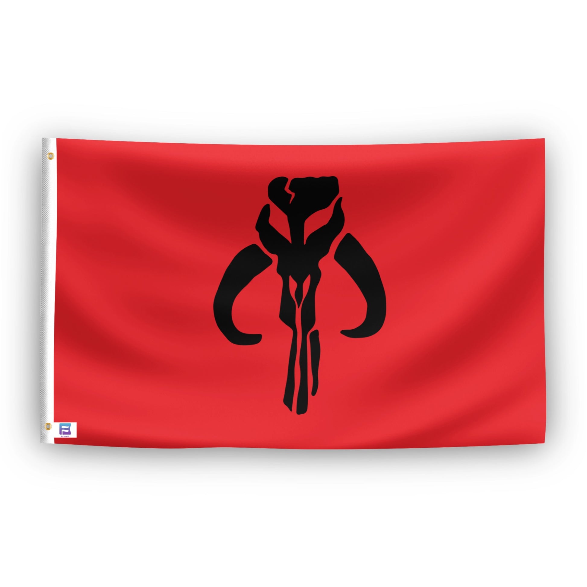 Red flag with a black star wars mandalorian emblem. 