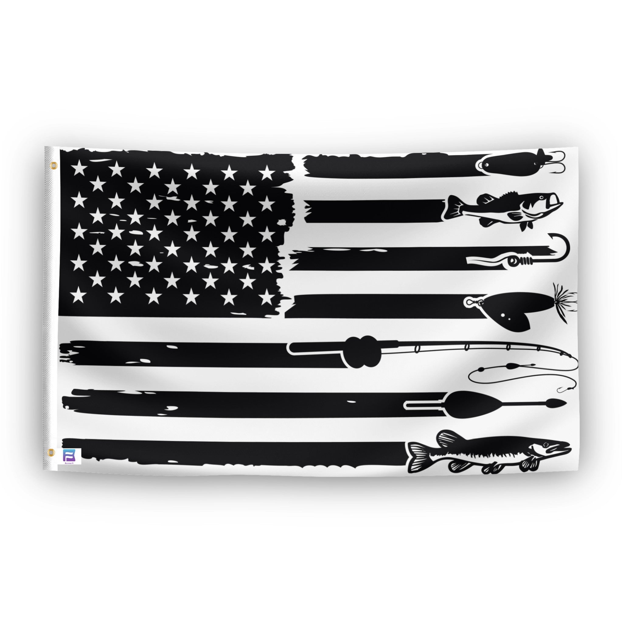 American flag with black silhouette of fishing equipment as the stripes.