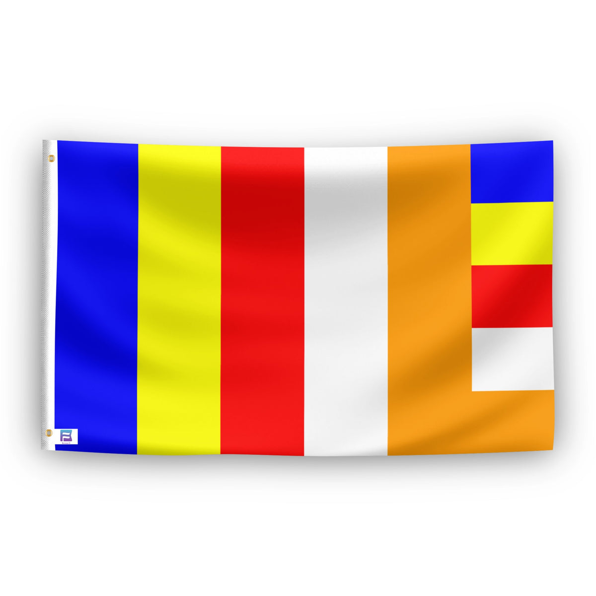 The Buddhism flag with vertical blue, yellow, red, and white stripes.