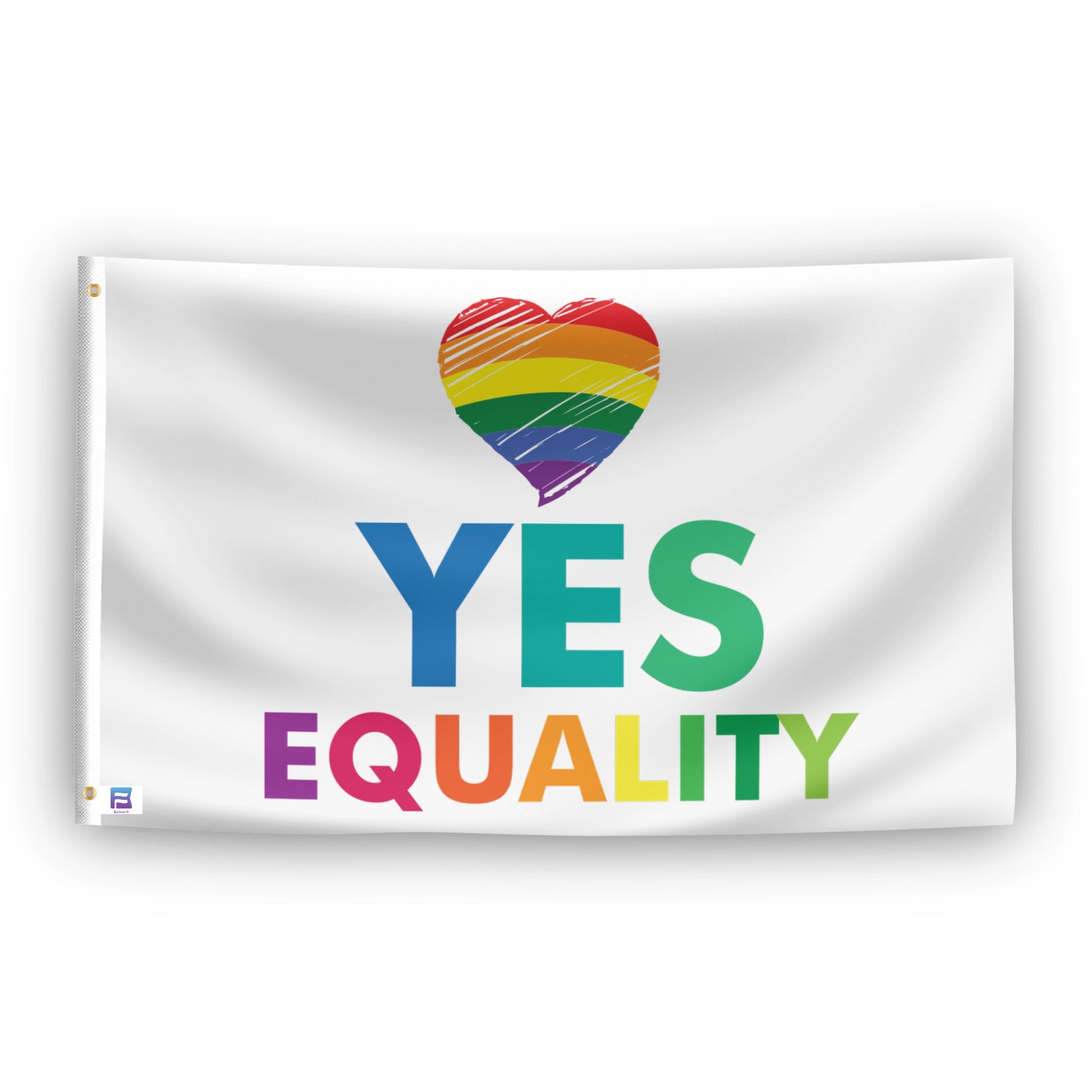 Flag with rainbow heart and 'YES EQUALITY' text on a white background
