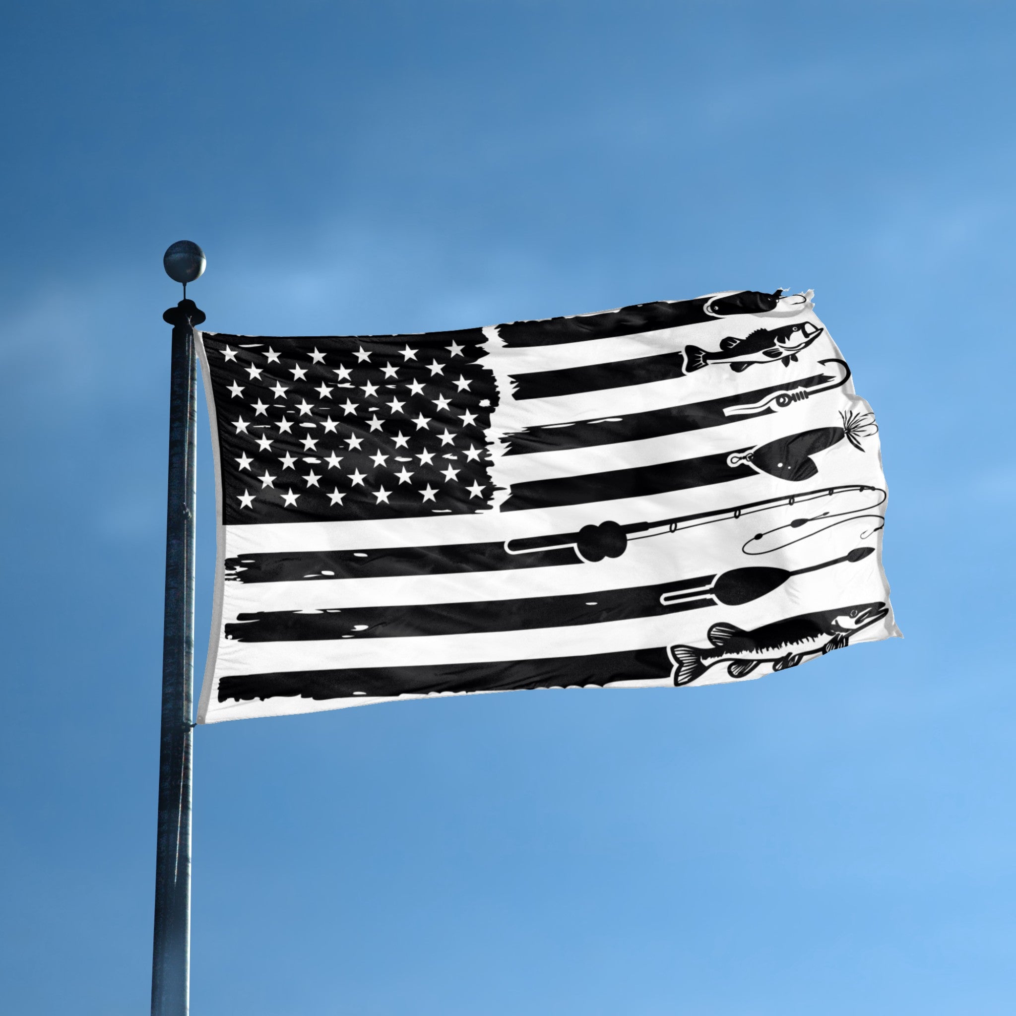 Fishing American flag with black and white design on a blue sky background.