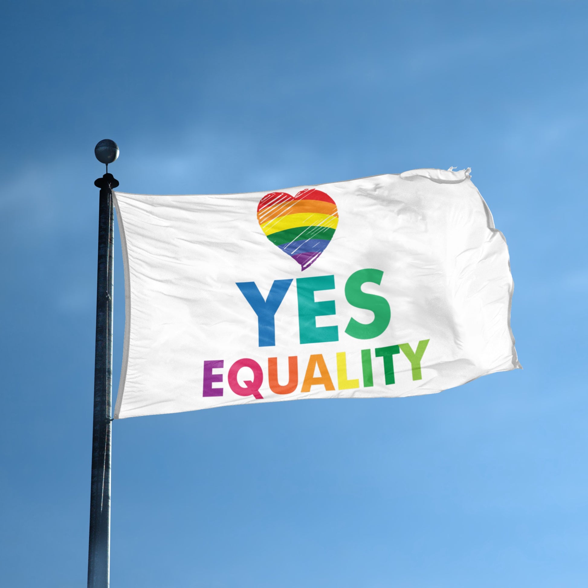 Flag with rainbow heart and 'YES EQUALITY' text against a blue sky